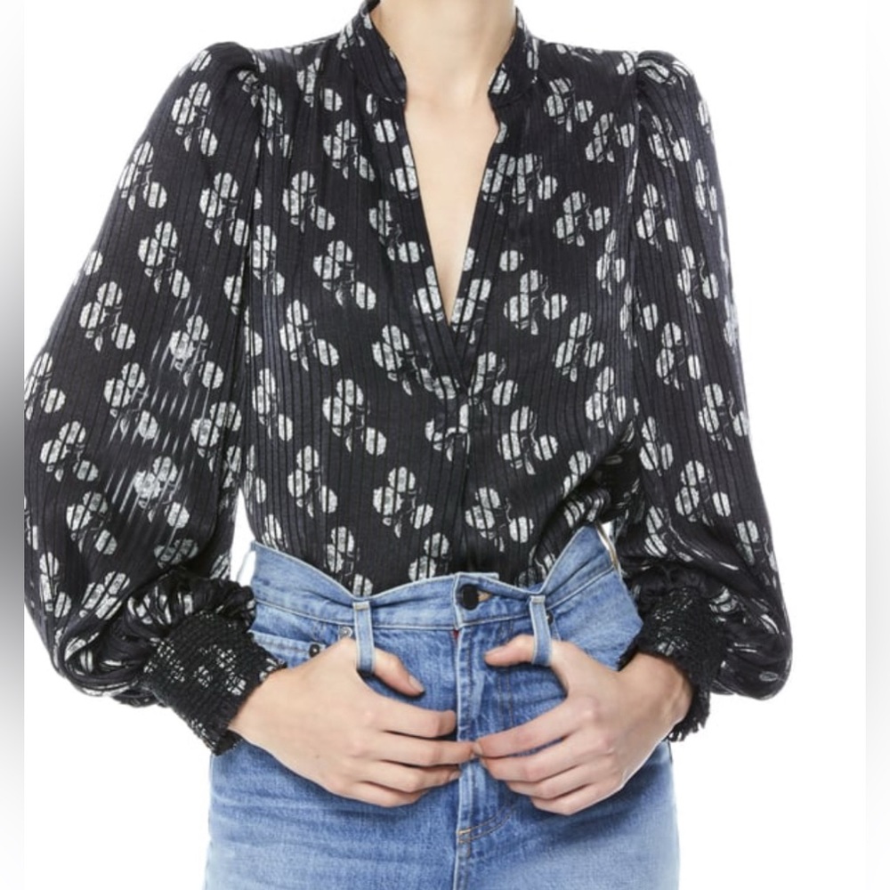 Alice + Olivia ‘Sheila ‘ Floral Deep V-Neck LongSleeve Blouse Top Black/Cream~XL